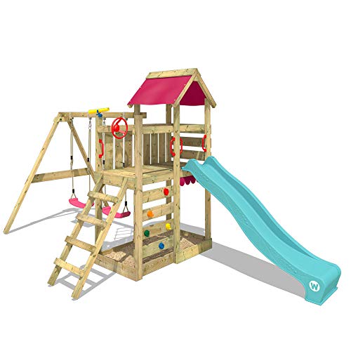 WICKEY Parque infantil de madera MultiFlyer con columpio y tobogán turquesa, Torre de escalada de exterior con arenero y escalera para niños