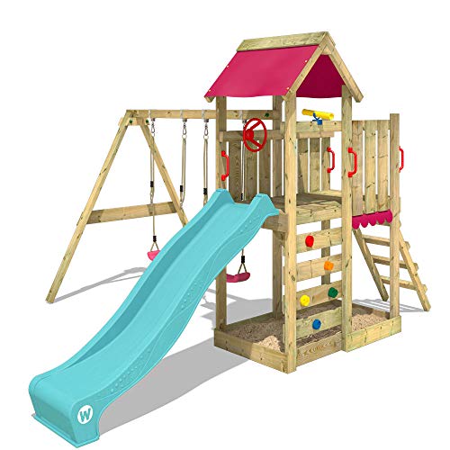 WICKEY Parque infantil de madera MultiFlyer con columpio y tobogán turquesa, Torre de escalada de exterior con arenero y escalera para niños