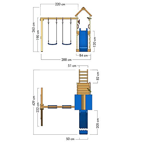 WICKEY Parque infantil de madera MultiFlyer con columpio y tobogán turquesa, Torre de escalada de exterior con arenero y escalera para niños
