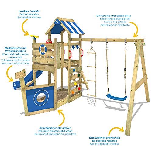 WICKEY Parque infantil de madera SeaFlyer con columpio y tobogán azul, Casa de juegos de jardín con arenero y escalera para niños