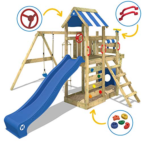 WICKEY Parque infantil de madera SeaFlyer con columpio y tobogán azul, Casa de juegos de jardín con arenero y escalera para niños