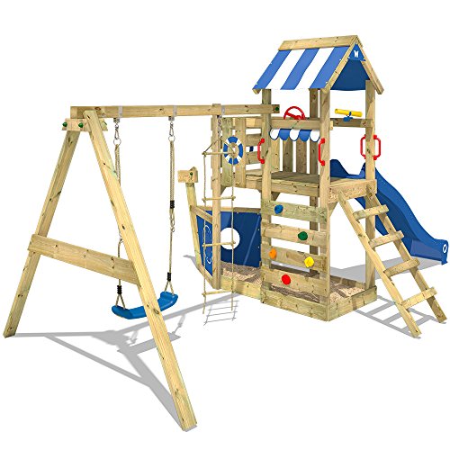 WICKEY Parque infantil de madera SeaFlyer con columpio y tobogán azul, Casa de juegos de jardín con arenero y escalera para niños