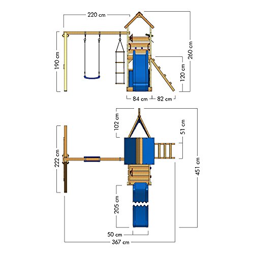 WICKEY Parque infantil de madera SeaFlyer con columpio y tobogán azul, Casa de juegos de jardín con arenero y escalera para niños