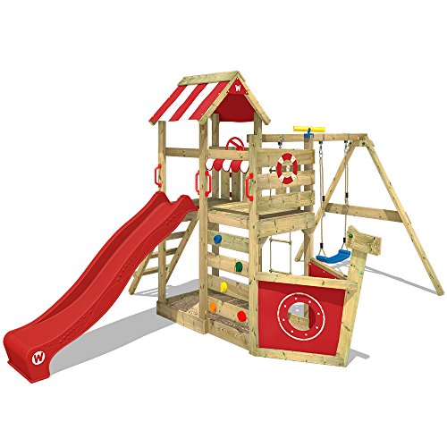 WICKEY Parque infantil de madera SeaFlyer con columpio y tobogán rojo, Casa de juegos de jardín con arenero y escalera para niños