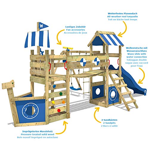 WICKEY Parque infantil de madera StormFlyer con columpio y tobogán azul, Casa de juegos de jardín con arenero y escalera para niños