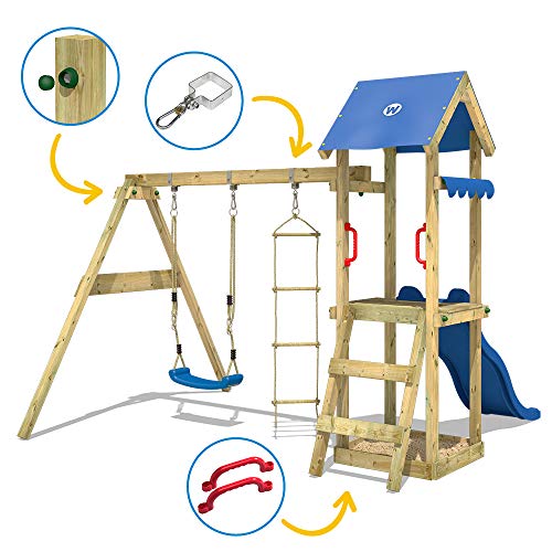 WICKEY Parque infantil de madera TinyCabin con columpio y tobogán rojo, Torre de escalada de exterior con arenero y escalera para niños