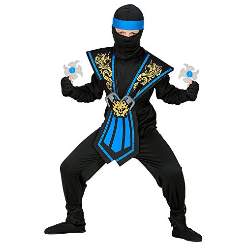 WIDMANN Disfraz infantil de ninja con armas, disfraz infantil 38657, negro y azul, guerrero, Japón, fiesta temática, carnaval, unisex, 140 cm