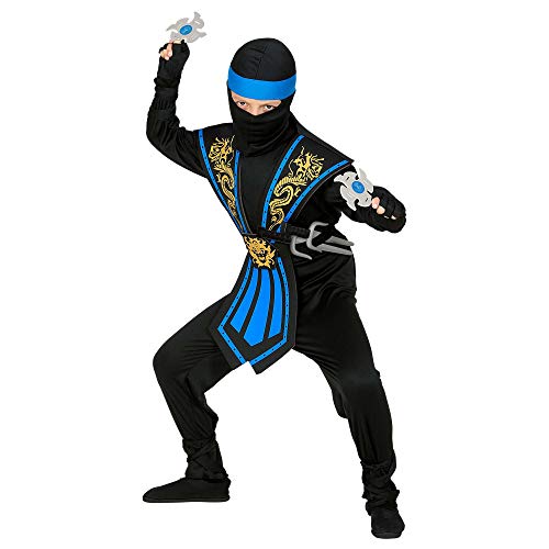 WIDMANN Disfraz infantil de ninja con armas, disfraz infantil 38657, negro y azul, guerrero, Japón, fiesta temática, carnaval, unisex, 140 cm