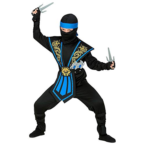 WIDMANN Disfraz infantil de ninja con armas, disfraz infantil 38657, negro y azul, guerrero, Japón, fiesta temática, carnaval, unisex, 140 cm