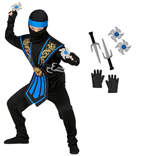 WIDMANN Disfraz infantil de ninja con armas, disfraz infantil 38657, negro y azul, guerrero, Japón, fiesta temática, carnaval, unisex, 140 cm