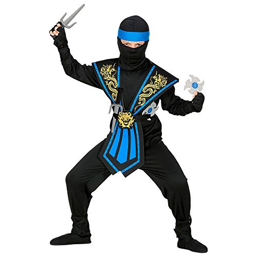 WIDMANN Disfraz infantil de ninja con armas, disfraz infantil 38657, negro y azul, guerrero, Japón, fiesta temática, carnaval, unisex, 140 cm