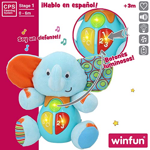 winfun - Peluche Elefante para bebés que habla y luces de colores, Idioma: Español (85178)