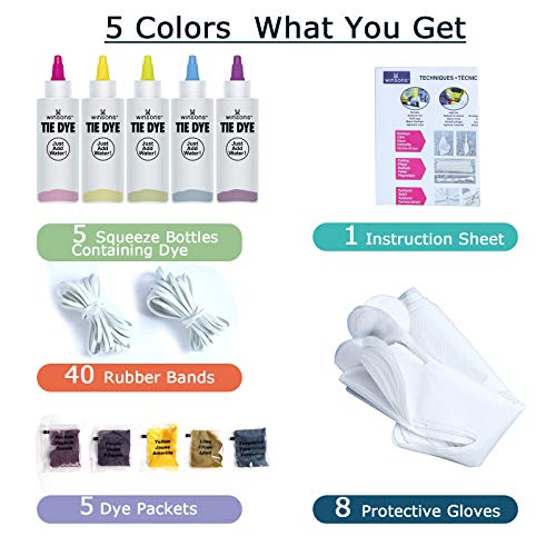 WINSONS Tie Dye Kit, 5 Colores de Tinte de Tela Permanente no tóxico Set de Arte para niños Mujeres para la Fiesta casera Actividades de Grupo Creativas Regalo de Bricolaje