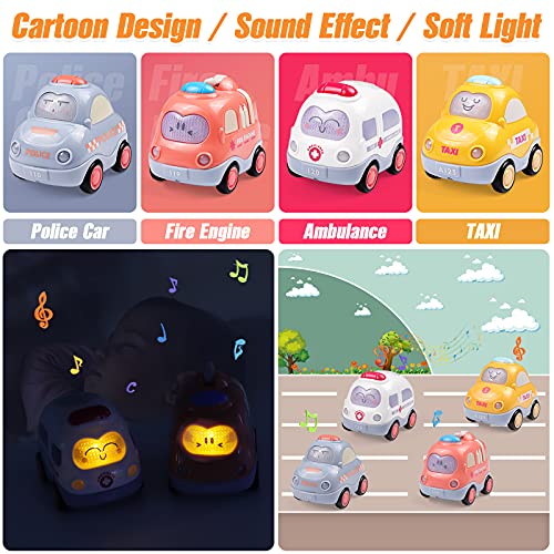 WolinTek 4Pack Coches de Juguete con Luces y Sonidos para niños,uguetes de Coche accionados por fricción por inercia,Camiones De Juguete Regalos para bebés,Early Educational Vehicles