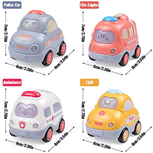 WolinTek 4Pack Coches de Juguete con Luces y Sonidos para niños,uguetes de Coche accionados por fricción por inercia,Camiones De Juguete Regalos para bebés,Early Educational Vehicles