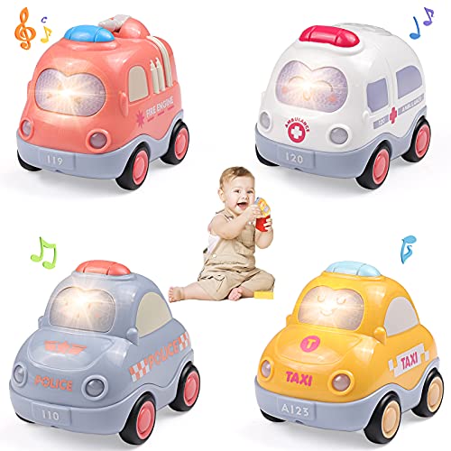 WolinTek 4Pack Coches de Juguete con Luces y Sonidos para niños,uguetes de Coche accionados por fricción por inercia,Camiones De Juguete Regalos para bebés,Early Educational Vehicles