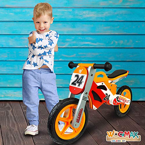 WOOMAX - Bici sin pedales madera, puños de goma, bicicleta iniciación niños, bici sin pedales niño 2 años, asiento acolchado, máx 25 Kg, de 24 meses a 5 años (85371)