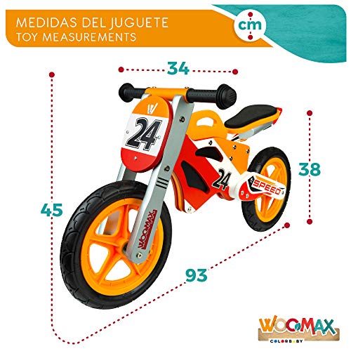 WOOMAX - Bici sin pedales madera, puños de goma, bicicleta iniciación niños, bici sin pedales niño 2 años, asiento acolchado, máx 25 Kg, de 24 meses a 5 años (85371)