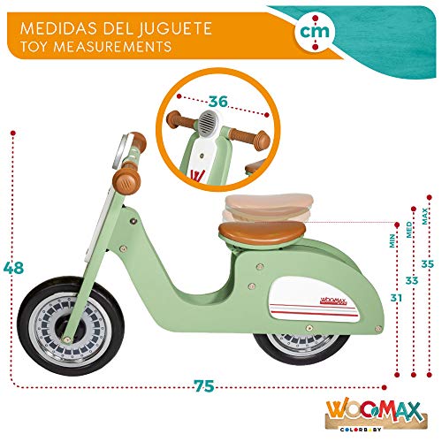 WOOMAX - Bici sin pedales madera, vespa madera, bici Scooter, bicicleta iniciación niños, bici sin pedales niño 2 años, máx 25 Kg, de 24 meses a 5 años (85378)