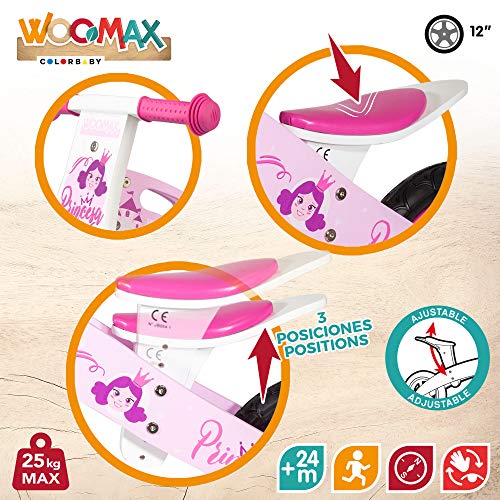 WOOMAX - Bicicleta sin pedales de madera, bici de princesas, 82x38x56,5 cm, bici niña, bici para niños de 3 años, juguete de princesas, 25 Kg, 2 a 5 años (85372)