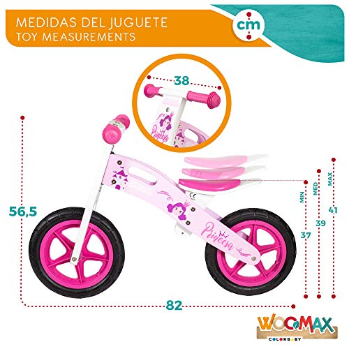 WOOMAX - Bicicleta sin pedales de madera, bici de princesas, 82x38x56,5 cm, bici niña, bici para niños de 3 años, juguete de princesas, 25 Kg, 2 a 5 años (85372)