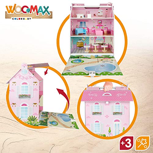 WOOMAX - Casita de muñecas de madera casita con asas, 32x22x40 cm, 3 plantas, 7 accesorios, casita de madera, para muñecas, a partir de 3 años (85295)