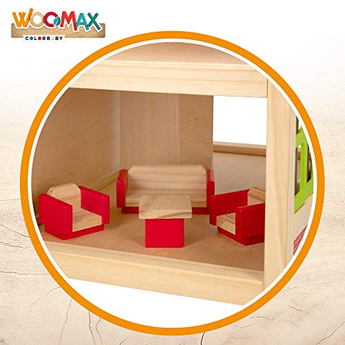 WOOMAX - Casitas de muñecas de madera con muebles, WOOMAX, con 2 muñecos, 39,5x24,5x37x5 cm, 2 plantas, casita madera muñecas, muebles madera casa muñecas, +3 años (46477)