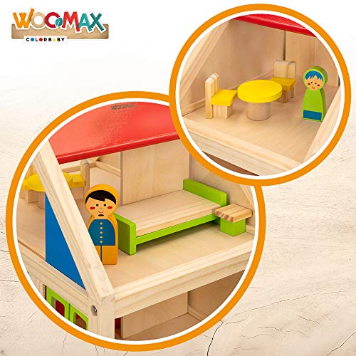 WOOMAX - Casitas de muñecas de madera con muebles, WOOMAX, con 2 muñecos, 39,5x24,5x37x5 cm, 2 plantas, casita madera muñecas, muebles madera casa muñecas, +3 años (46477)