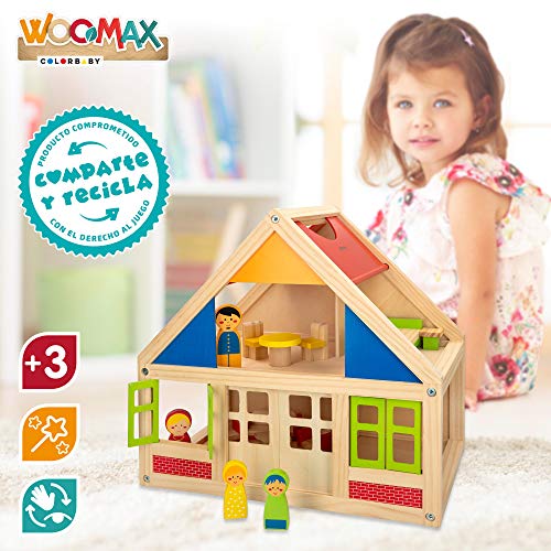 WOOMAX - Casitas de muñecas de madera con muebles, WOOMAX, con 2 muñecos, 39,5x24,5x37x5 cm, 2 plantas, casita madera muñecas, muebles madera casa muñecas, +3 años (46477)