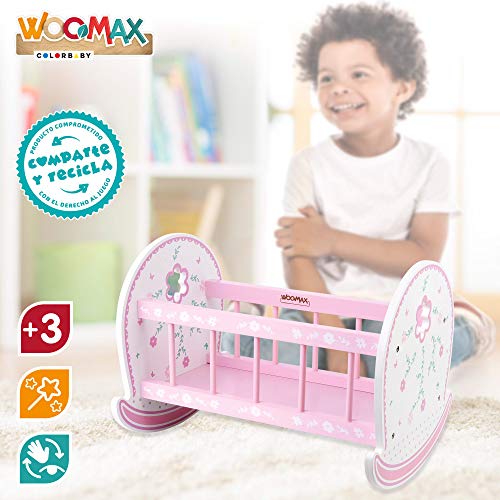 WOOMAX - Cuna de madera para muñecas WOOMAX, muñecos 30-40cm, 47,5x35x35 cm, rosa y blanco, cunita muñecas, cuna muñecas madera, reciclable, a partir de 3 años, (46474)