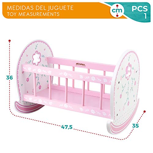 WOOMAX - Cuna de madera para muñecas WOOMAX, muñecos 30-40cm, 47,5x35x35 cm, rosa y blanco, cunita muñecas, cuna muñecas madera, reciclable, a partir de 3 años, (46474)