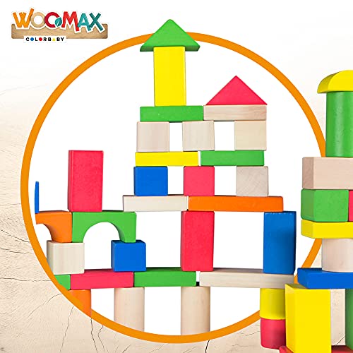 WOOMAX - Juego de construcción madera, Bloques madera, Bloques de madera para niños, 100 piezas, +18 meses, Madera 100% sostenible y biodegradable (40993)