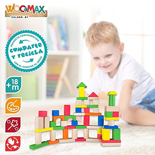 WOOMAX - Juego de construcción madera, Bloques madera, Bloques de madera para niños, 100 piezas, +18 meses, Madera 100% sostenible y biodegradable (40993)