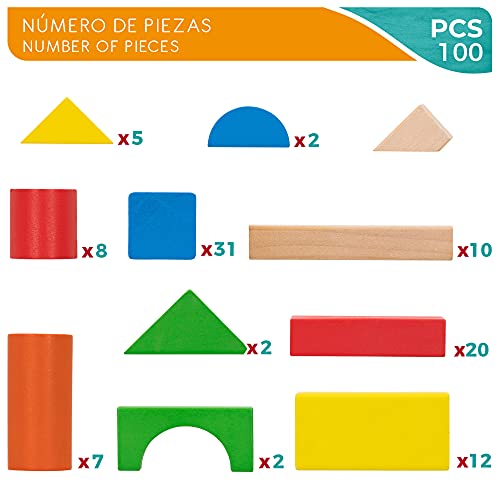 WOOMAX - Juego de construcción madera, Bloques madera, Bloques de madera para niños, 100 piezas, +18 meses, Madera 100% sostenible y biodegradable (40993)