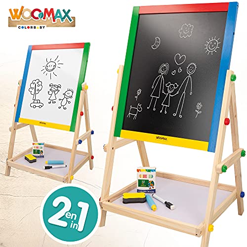 WOOMAX - Pizarra niños, Pizarra infantil caballete, WOOMAX pizarra, mide 40x36,5x68 cm, Pizarra doble cara, Incluye tizas, borrador y marcador negro, Pizarra de pie para niños, +3 años (43688)