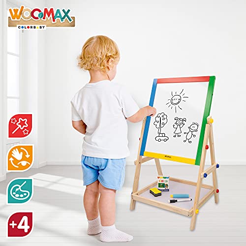 WOOMAX - Pizarra niños, Pizarra infantil caballete, WOOMAX pizarra, mide 40x36,5x68 cm, Pizarra doble cara, Incluye tizas, borrador y marcador negro, Pizarra de pie para niños, +3 años (43688)