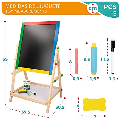 WOOMAX - Pizarra niños, Pizarra infantil caballete, WOOMAX pizarra, mide 40x36,5x68 cm, Pizarra doble cara, Incluye tizas, borrador y marcador negro, Pizarra de pie para niños, +3 años (43688)