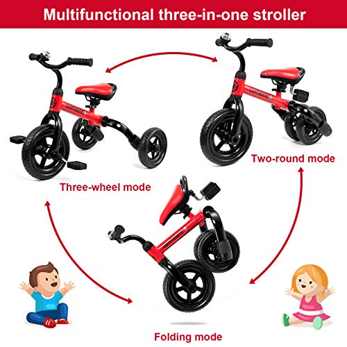 XIAPIA 3 en 1 Triciclo Bebé para Niños de 2-4 Años hasta 25KG, Correpasillos de Equilibrio Infántil Plegable, Juguete Niños y Regalos Originales Bebes de 18-48 Meses para Cumpleaños Navidad (Rojo)