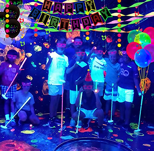 XJLANTTE 65 Piezas de Suministros de Fiesta de cumpleaños de neón Brillante, Globos de neón, Pancarta de Feliz cumpleaños Fluorescente, Papel crepé reactivo a la luz Negra UV, decoración para Tartas