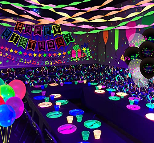 XJLANTTE 65 Piezas de Suministros de Fiesta de cumpleaños de neón Brillante, Globos de neón, Pancarta de Feliz cumpleaños Fluorescente, Papel crepé reactivo a la luz Negra UV, decoración para Tartas