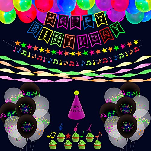 XJLANTTE 65 Piezas de Suministros de Fiesta de cumpleaños de neón Brillante, Globos de neón, Pancarta de Feliz cumpleaños Fluorescente, Papel crepé reactivo a la luz Negra UV, decoración para Tartas