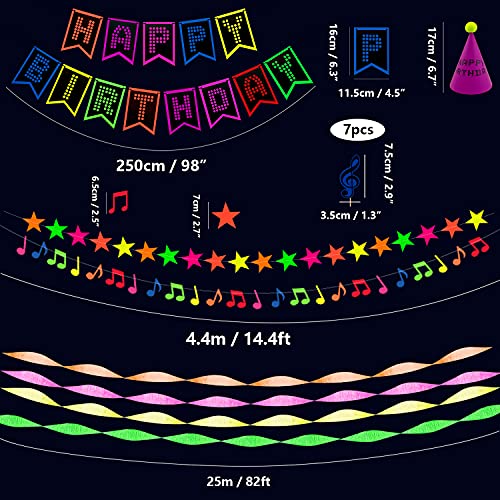 XJLANTTE 65 Piezas de Suministros de Fiesta de cumpleaños de neón Brillante, Globos de neón, Pancarta de Feliz cumpleaños Fluorescente, Papel crepé reactivo a la luz Negra UV, decoración para Tartas