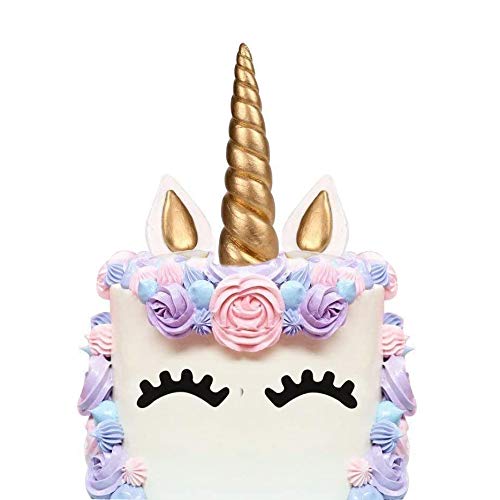 XLKJ Decoración para Tarta Unicornio, Unicornio Cumpleaños Tarta Decoración para Niños, Adornos de Unicornio Cuerno para Tartas con Pestañas y Orejas