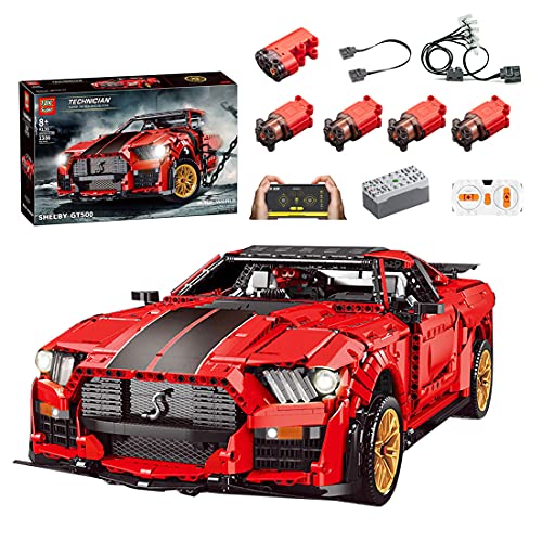 Xshion Piezas de construcción de coche deportivo para Ford Mustang Shelby GT500, 3386 + piezas de montaje de Tile con control remoto rojo coche con motor, compatible con Lego Technik Auto