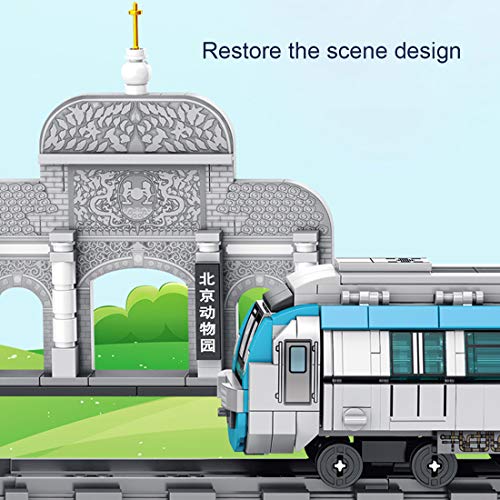 xSuper Juego de tren 907 ps Beijing-Hong Kong Metro Line 4 Beijing Zoo Station con árboles, pistas, hierba, conejos,letreros,pistas y accesorios compatible con bloques de construcción Lego