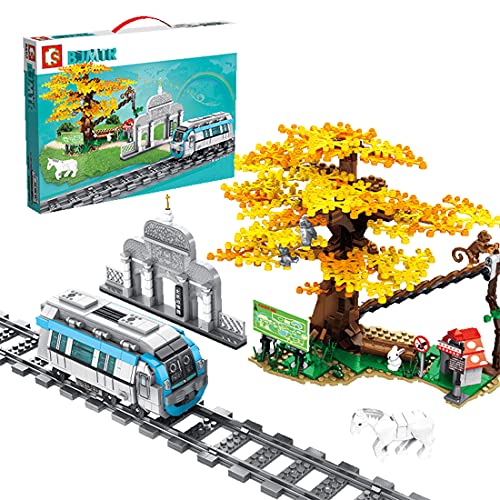 xSuper Juego de tren 907 ps Beijing-Hong Kong Metro Line 4 Beijing Zoo Station con árboles, pistas, hierba, conejos,letreros,pistas y accesorios compatible con bloques de construcción Lego