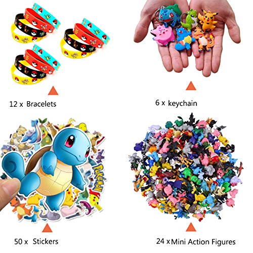 YAOJIN 24 Piezas Pokemon Monster Mini Figur, 12 Pokemon Pulsera de Silicona, 50 Piezas Pokémon Pegatinas,6 Piezas Pokémon Llavero Pokemon Pikachu Fiesta para Niños Decoraciones Suministros