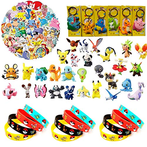 YAOJIN 24 Piezas Pokemon Monster Mini Figur, 12 Pokemon Pulsera de Silicona, 50 Piezas Pokémon Pegatinas,6 Piezas Pokémon Llavero Pokemon Pikachu Fiesta para Niños Decoraciones Suministros