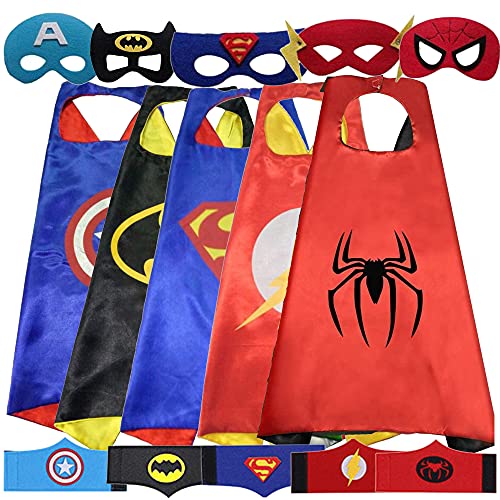 YESFINE Capa de Superhéroe para Niños - 5 Capas y 5 Máscaras y 5 Pulseras - Ideas Kit de Valor de Cosplay de Diseño de Fiesta de Cumpleaños de Navidad - Juguetes para Niños y Niñas (Multicolor)