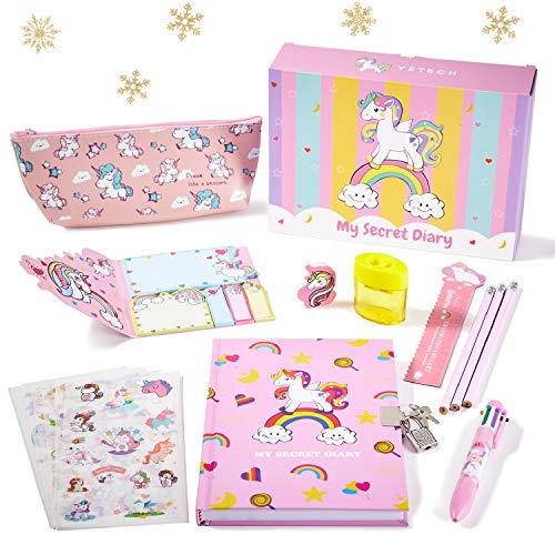 Yetech Set de papelería Unicornio-Cuaderno con Cerradura de Unicornio Regalo de cumpleaños de Navidad para niñas Edades 4 5 6 7 8 9 10 11